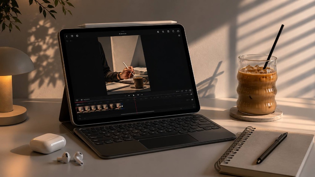 Social media management workspace with iPad and creative tools